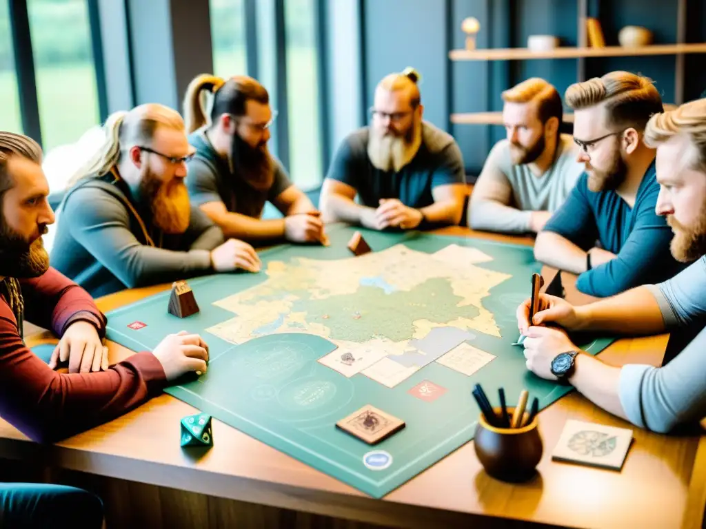 Grupo de diseñadores de juegos de mesa vikingos creando con pasión en una sala llena de referencias nórdicas