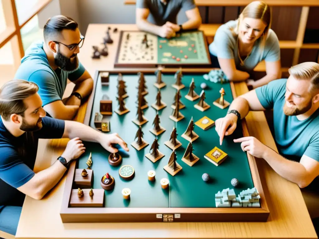 Creadores de juegos de mesa modernos inmersos en la pasión vikinga Un grupo de diseñadores de juegos de mesa modernos, rodeados de componentes vikingos en una mesa de madera, discuten apasionadamente