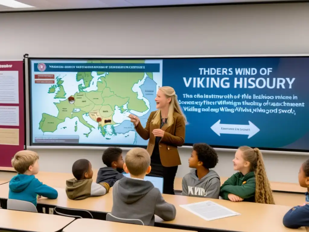 Grupo diverso de estudiantes participan animadamente en una clase de historia vikinga actualidad, con pantalla interactiva y profesora entusiasta