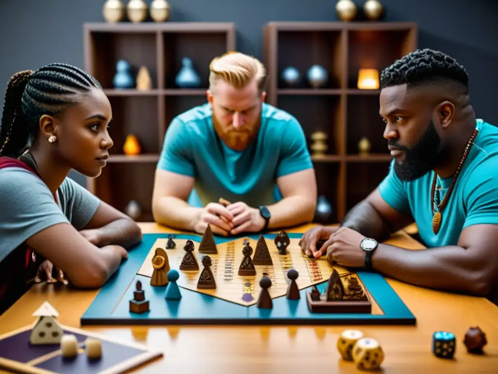 Épica partida de juego de mesa vikingo entre entusiastas modernos Un grupo diverso de jugadores de mesa vikingos modernos concentrados y emocionados en una partida intensa