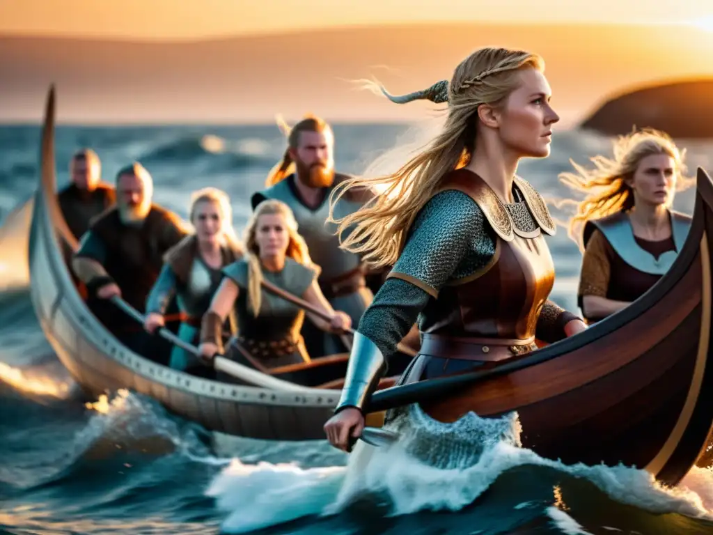 Un grupo diverso de shieldmaidens vikingas líderes en un barco, desafiando el rol de género vikingo mujeres con valentía en alta mar al atardecer