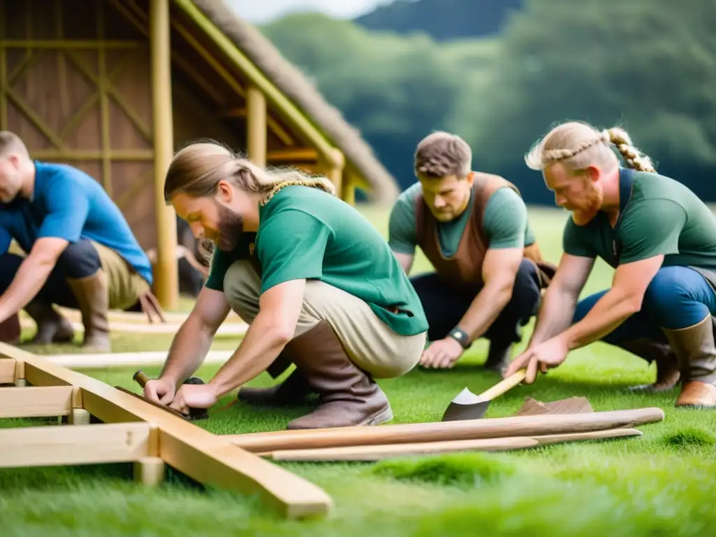 Un grupo de educadores y estudiantes recrean una casa vikinga con herramientas antiguas en un prado verde