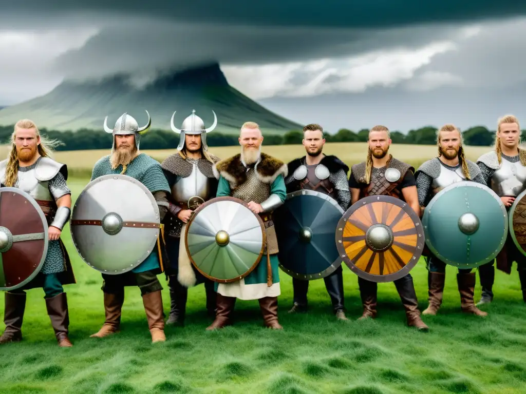 Un grupo entusiasta se prepara para un evento reenactment fin mundo vikingo en un campo verde con cielo nublado dramático