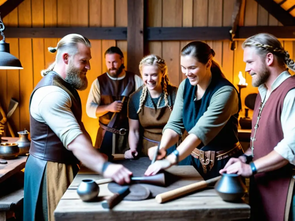 Grupo entusiasta en taller vikingo, creando artesanías con herramientas tradicionales y vestimenta de la época