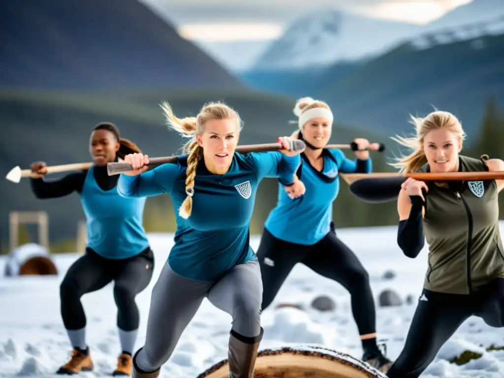 Grupo de entusiastas del fitness en deportes vikingos para fitness moderno desafían obstáculos en paisaje nórdico