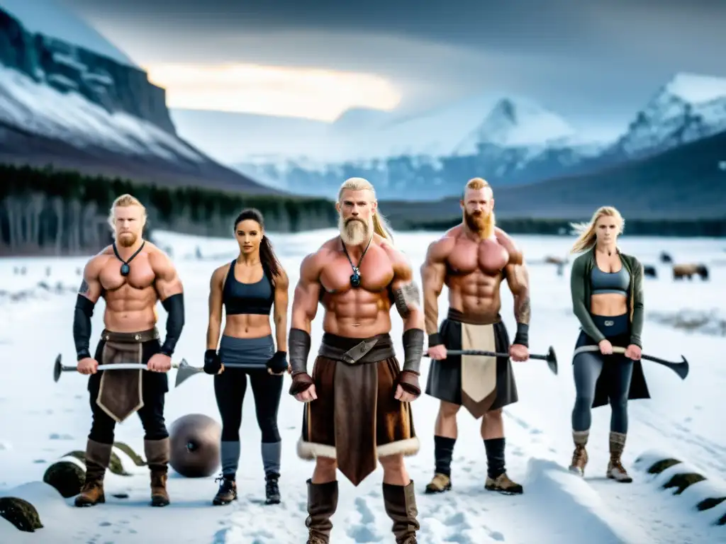 Grupo de entusiastas del fitness con tenacidad vikinga entrenando en paisaje nórdico nevado