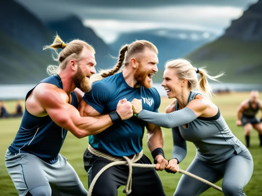 Grupo de entusiastas del fitness vikingo compiten en un juego de la cuerda en paisaje nórdico