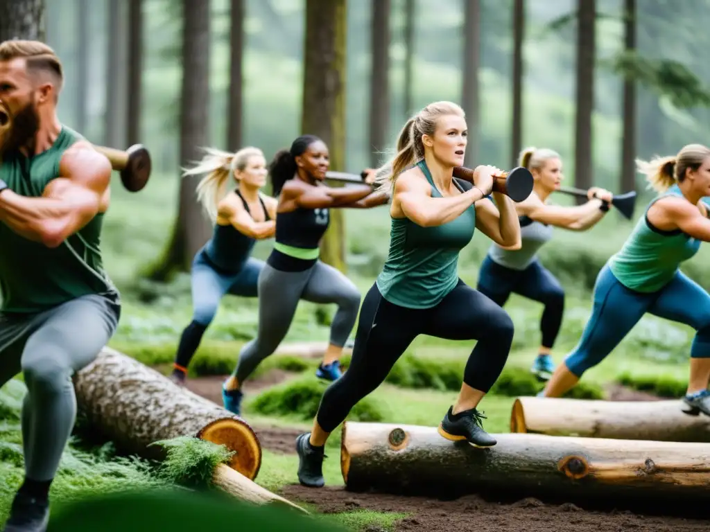 Un grupo de entusiastas del fitness vikingo moderno entrenando intensamente en un bosque, fusionando técnicas antiguas con métodos contemporáneos