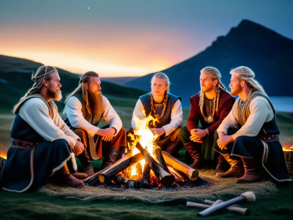 Un grupo de Skalds en la era vikinga, reunidos alrededor de una fogata, listos para recitar historias épicas bajo un cielo estrellado