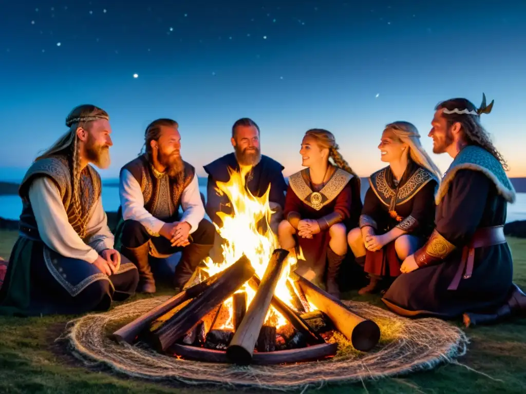 Un grupo de Skalds en la era vikinga, reunidos alrededor de una fogata bajo un cielo estrellado, recitando sagas