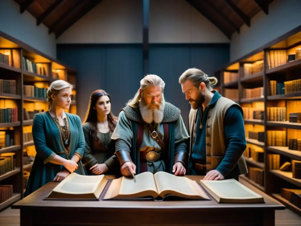 Un grupo de eruditos y historiadores modernos rescatando la literatura vikinga en una atmósfera cautivadora