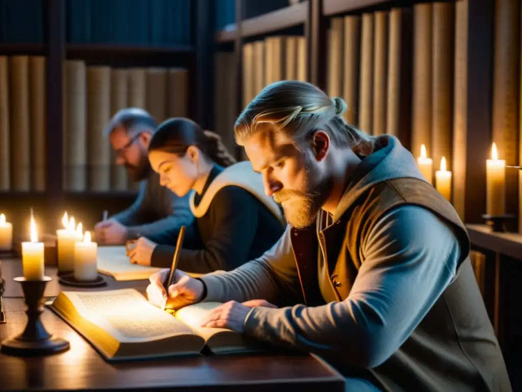 Grupo de eruditos restaurando manuscritos vikingos en biblioteca atmosférica del siglo XXI