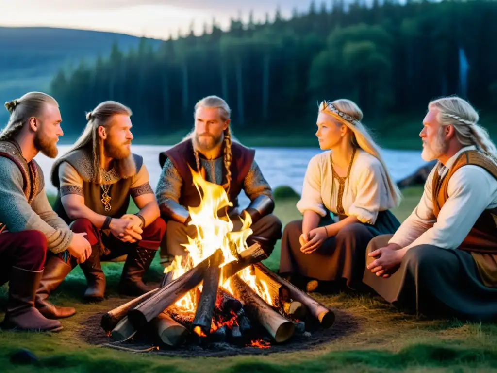 Vikingos contemporáneos escuchan sagas junto al fuego Un grupo de escandinavos modernos vistiendo atuendos vikingos alrededor de una fogata al anochecer, escuchando sagas vikingas