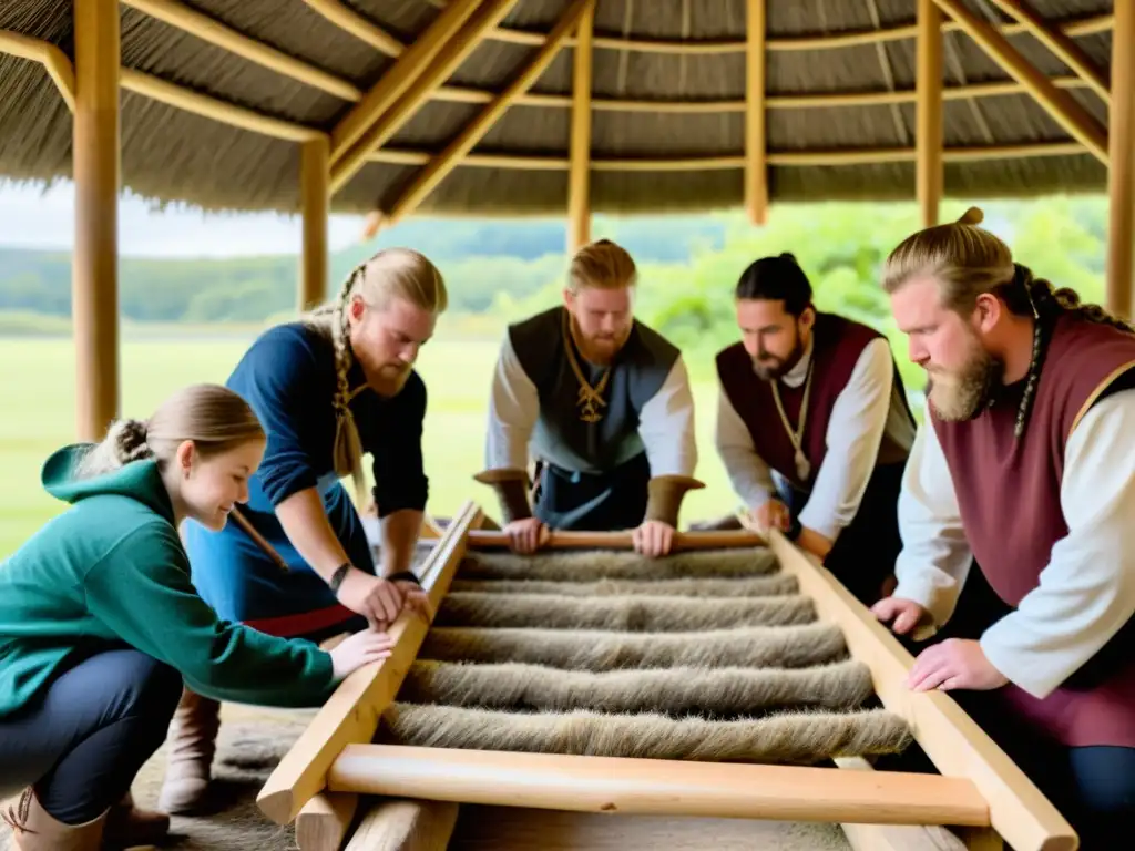 Grupo de estudiantes construyendo una casa vikinga con detallada precisión