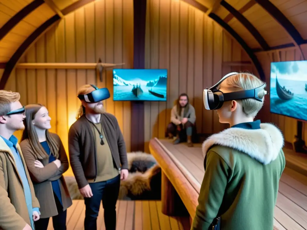 Un grupo de jóvenes estudiantes inmersos en una experiencia de realidad virtual vikinga, interactuando con detalle