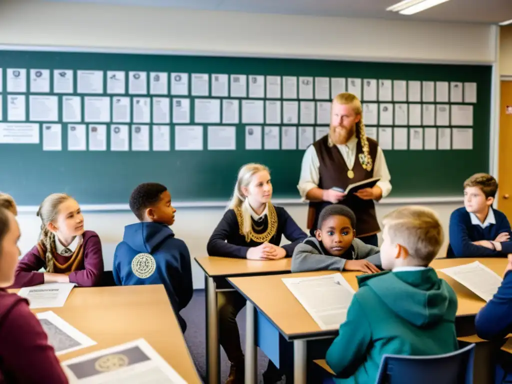 Un grupo de estudiantes inmersos en la fascinante cultura de los mitos vikingos en un aula iluminada por el sol