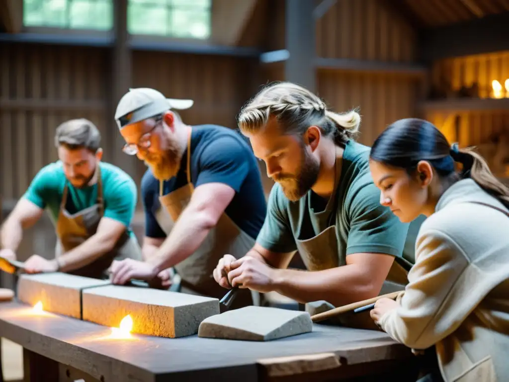 Grupo de estudiantes esculpiendo en piedra en taller de arquitectura vikinga