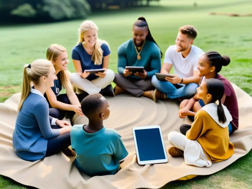 Grupo de estudiantes usando tablets con Apps educativas legado vikingo, inmersos en el aprendizaje al aire libre