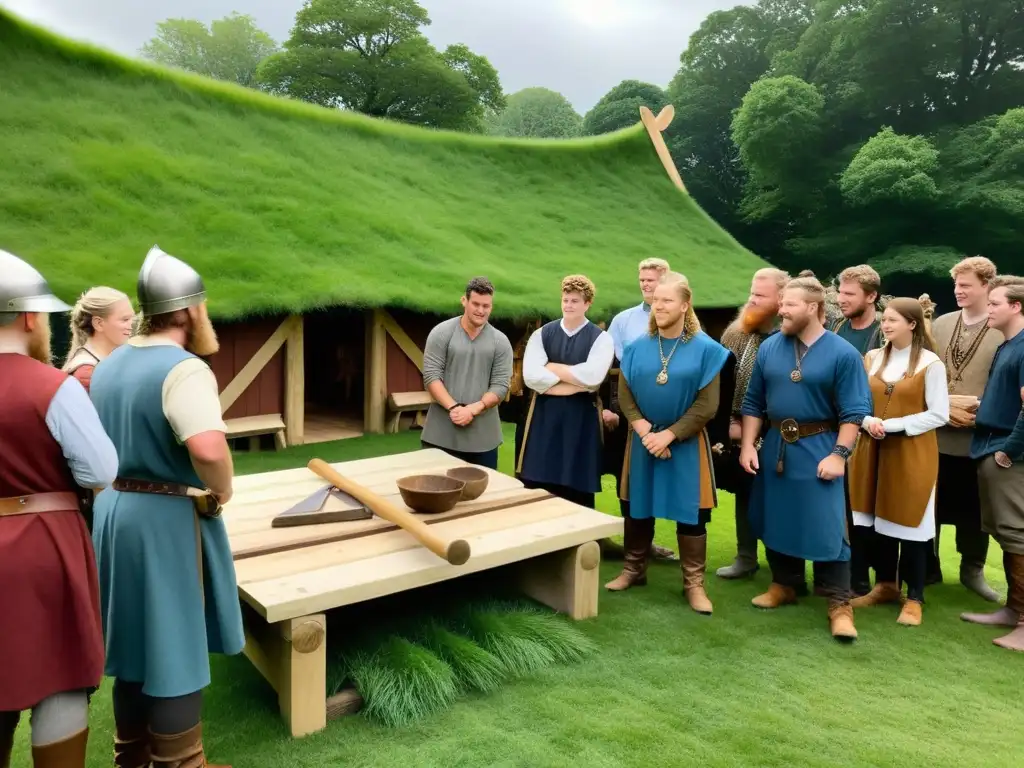 Un grupo de estudiantes vestidos como vikingos participan en una reconstrucción de arquitectura vikinga educativa en medio de la naturaleza exuberante