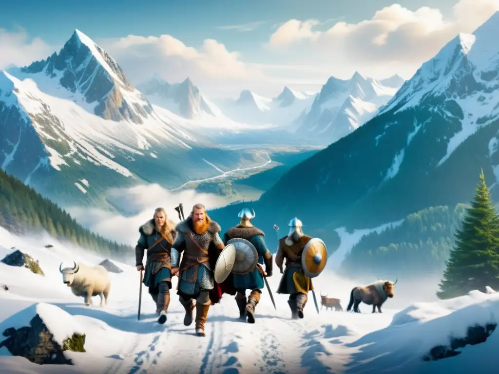 Un grupo de exploradores vikingos en los Alpes, mostrando determinación y valentía