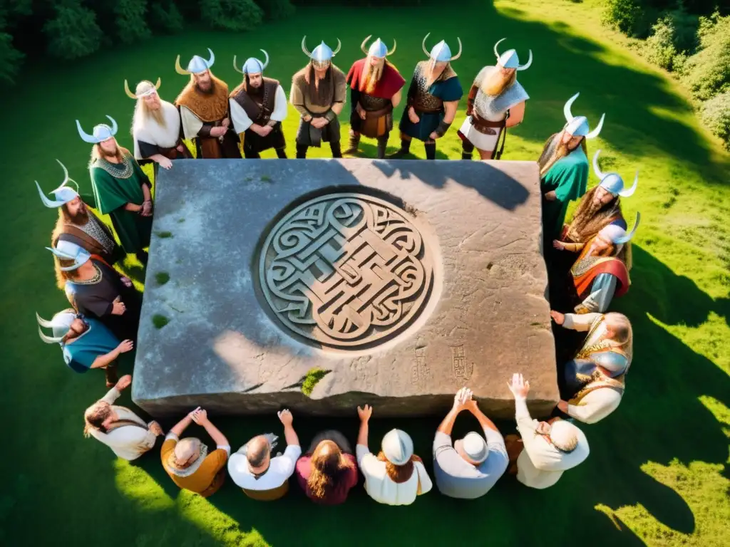 Grupo en festival vikingo, discuten significado de las runas vikingas en bosque vibrante