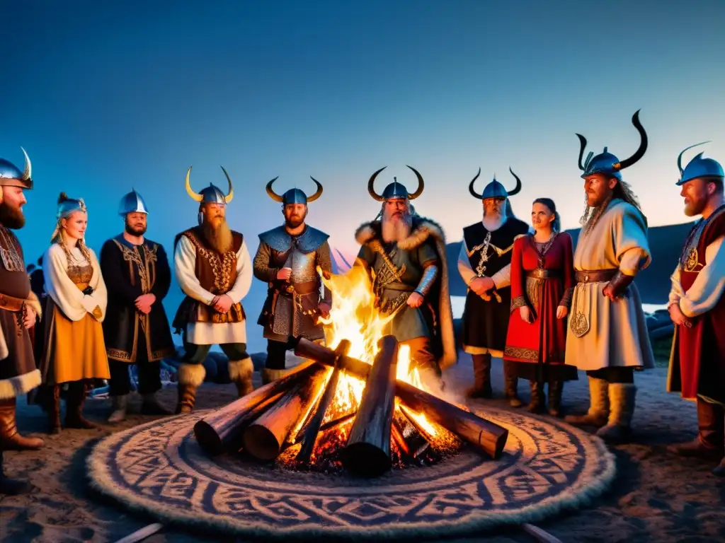 Grupo en festivales nórdicos tradicionales, vestidos como vikingos alrededor de una hoguera bajo el cielo nocturno