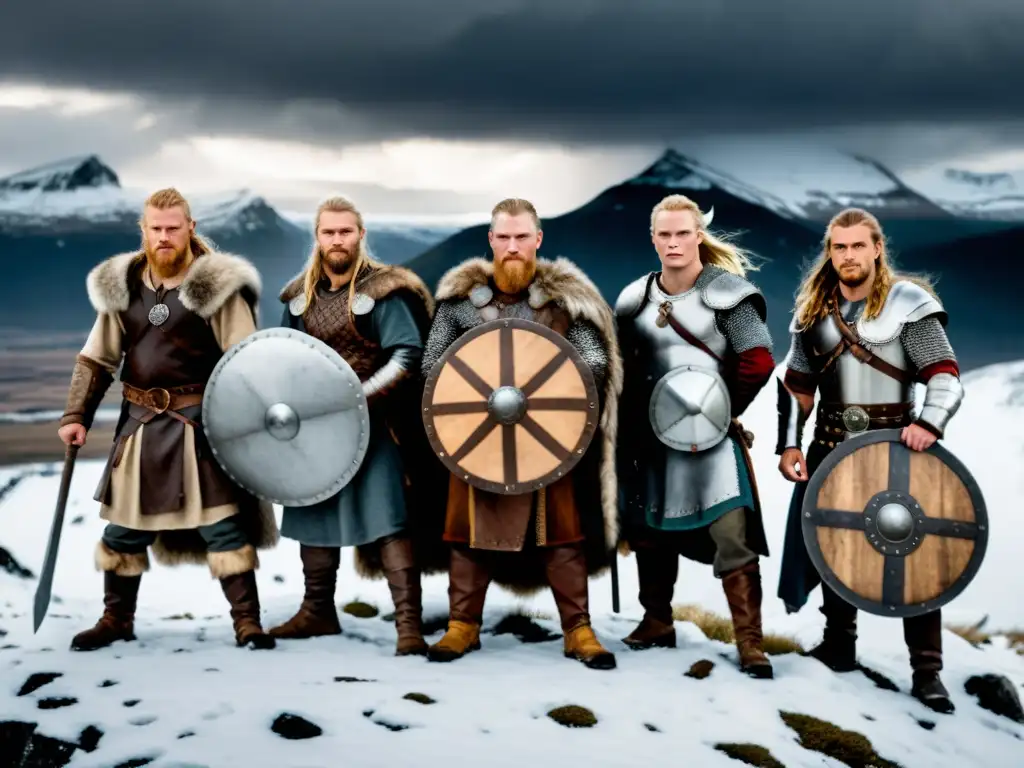 Grupo de fieros guerreros vikingos en una montaña nevada, expresando determinación y fuerza