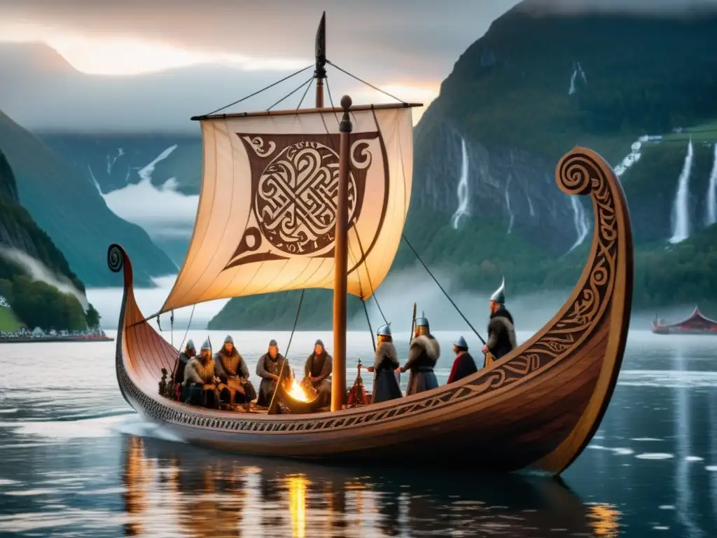 Un grupo de figuras vikingas en un ritual espiritual junto a un barco decorado, en un fiordo neblinoso al amanecer