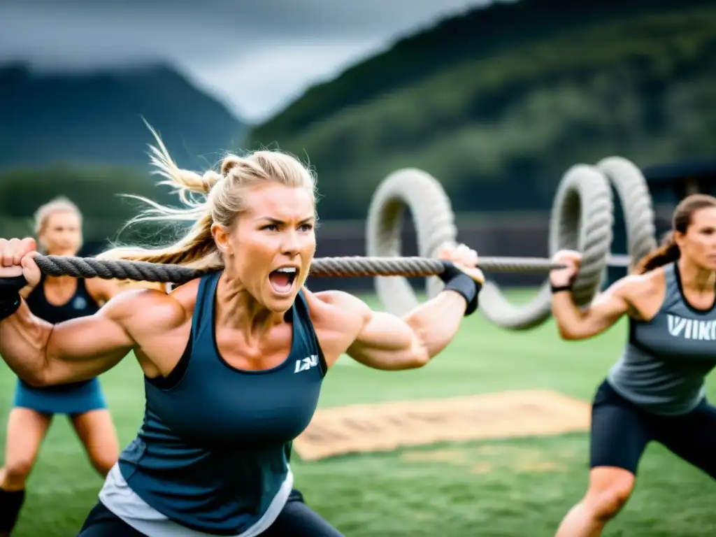 Grupo entrenando físico estilo vikingo con cuerdas de batalla, mostrando determinación en un campo de entrenamiento místico