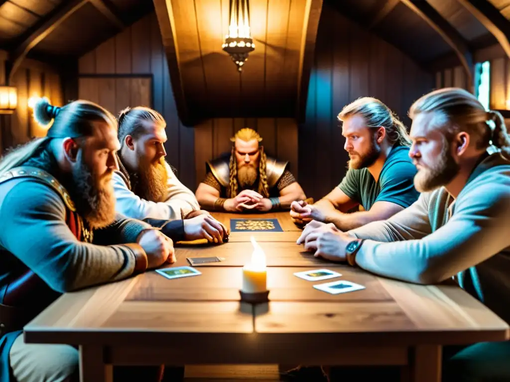 Grupo de gamers concentrados en apasionante juego de cartas vikingo