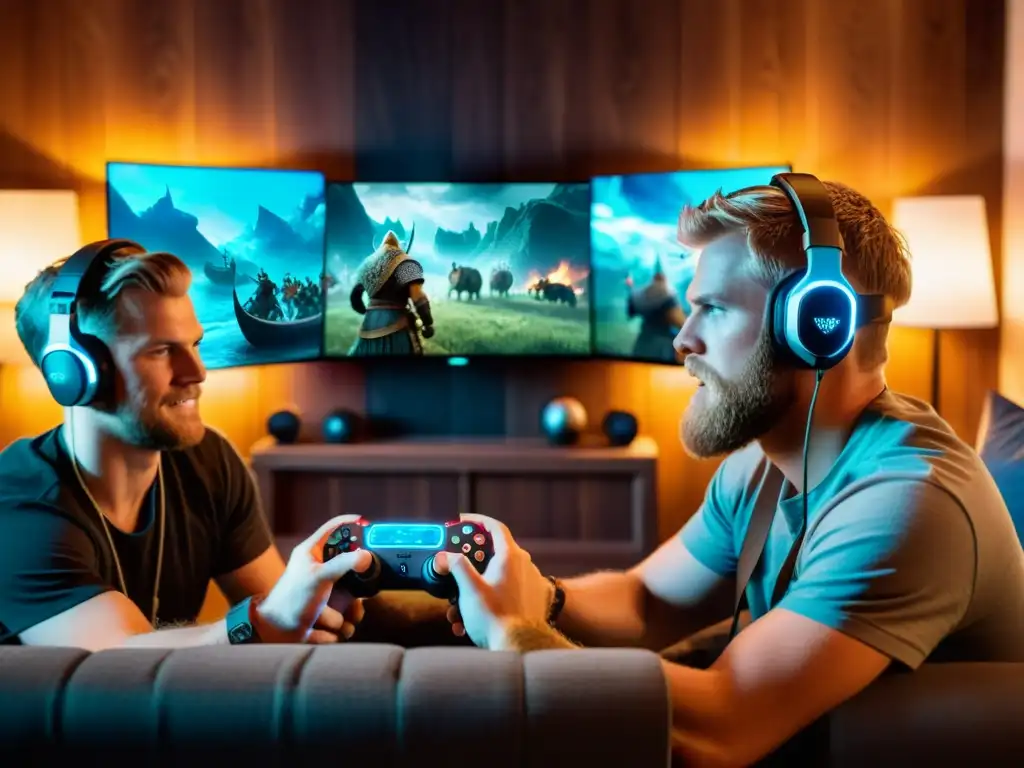 Grupo de gamers inmersos en mundo vikingo virtual, con decoración temática y expresiones intensas