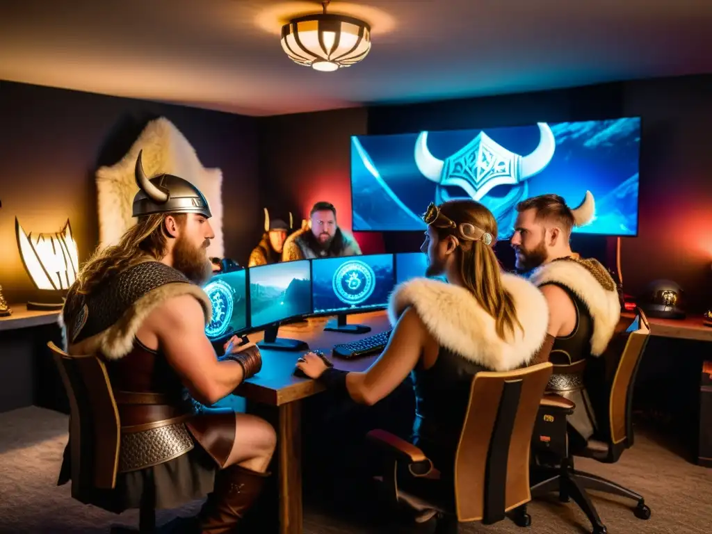 Un grupo de gamers vestidos como guerreros vikingos, concentrados en sus pantallas en una sala decorada con temática vikinga