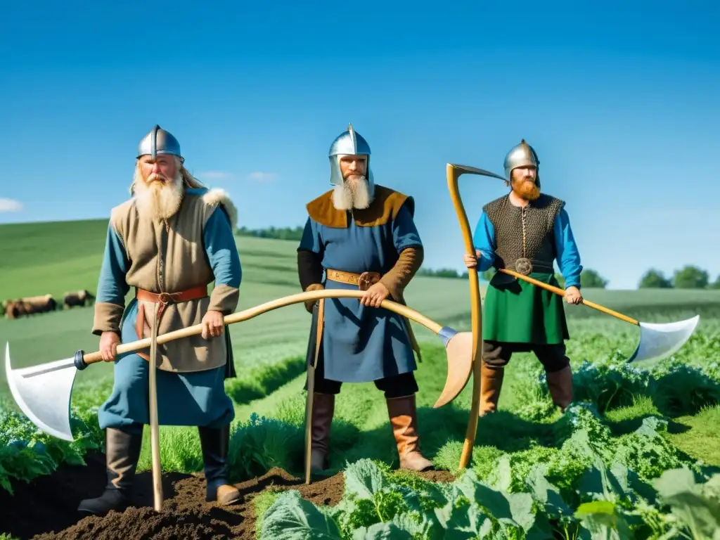 Grupo de granjeros vikingos usando herramientas agrícolas tradicionales en un campo verde, con influencia vikinga