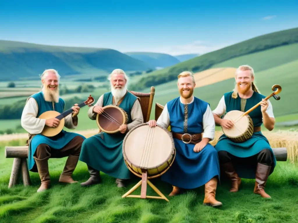 Grupo de granjeros vikingos tocando instrumentos musicales en un campo, recreando la música y la agricultura en la cultura vikinga