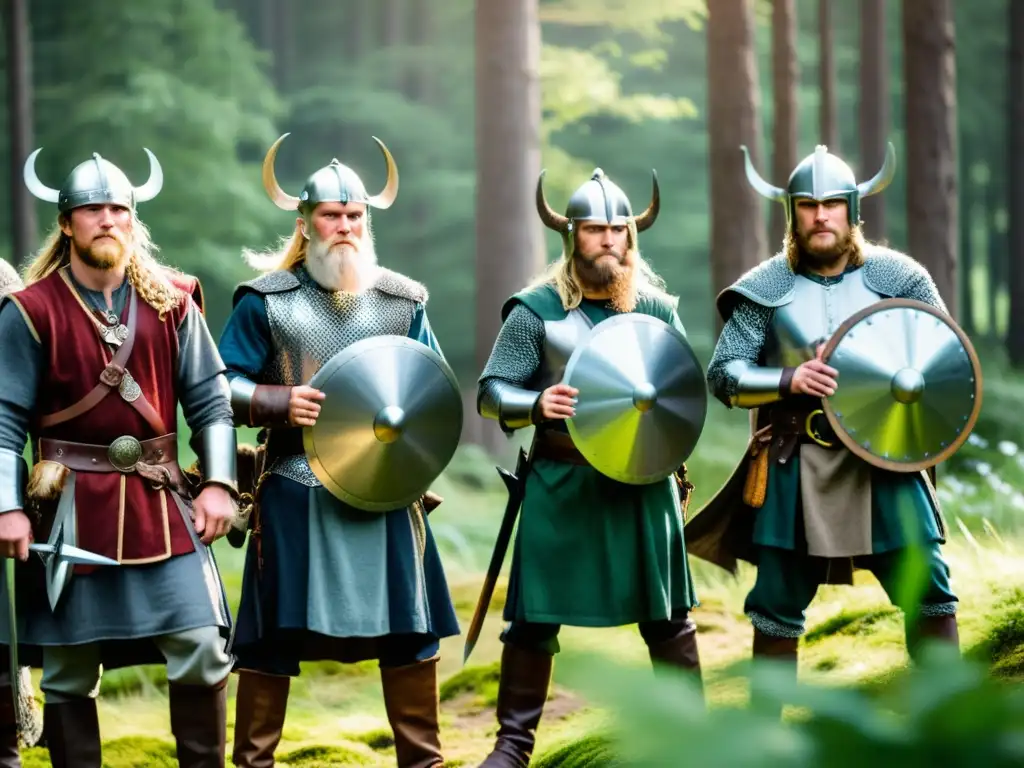 Grupo de guerreros nórdicos modernos en un bosque, recreando mitología en festival