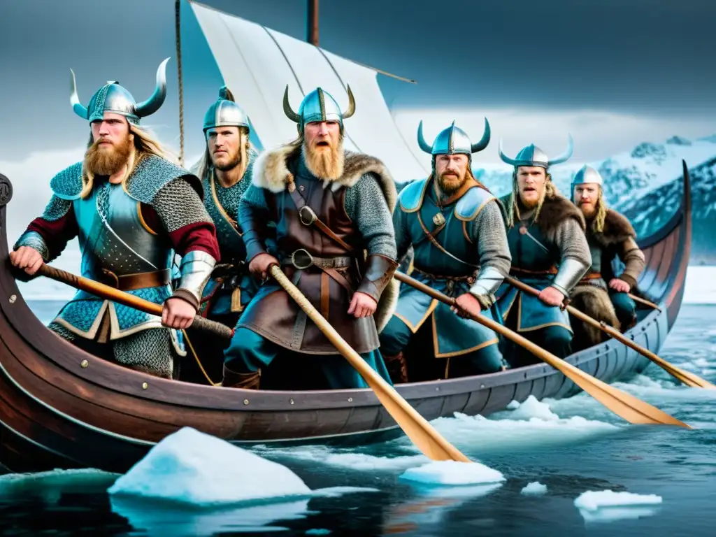 Un grupo de guerreros vikingos surca aguas heladas en un drakkar, fusionando raíces nórdicas con cultura vikinga en una expedición épica