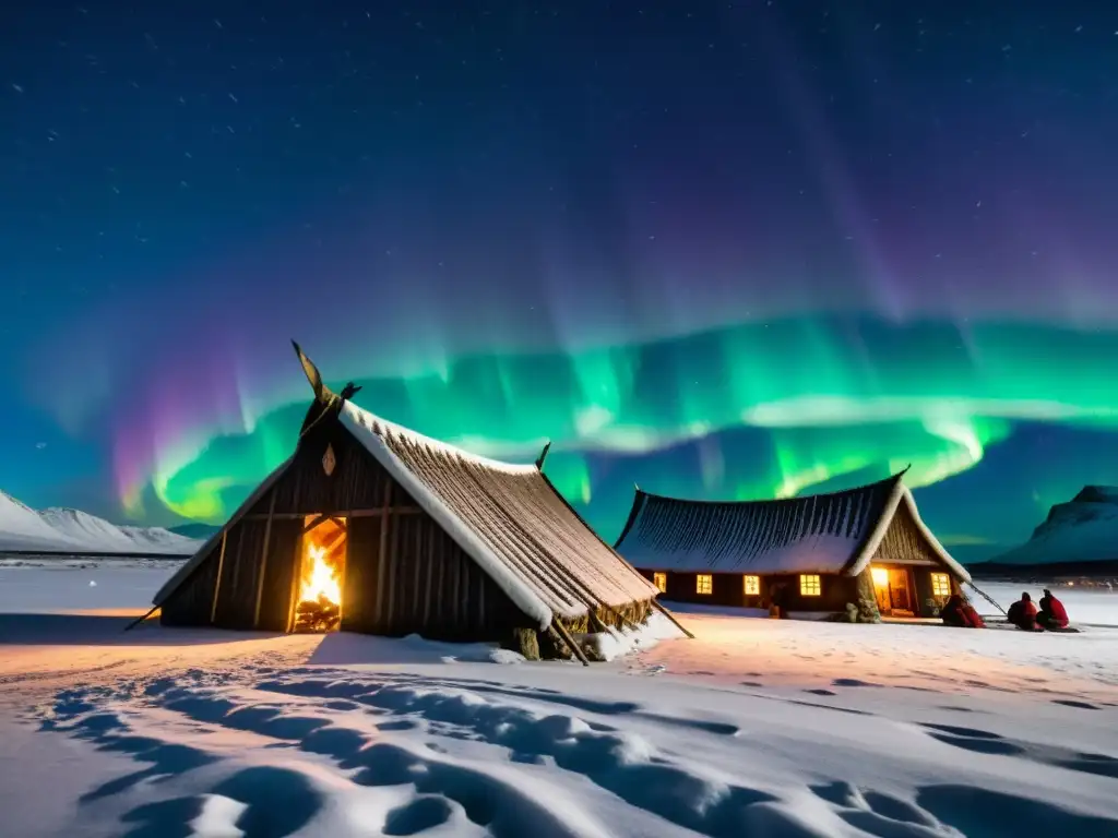 Un grupo de guerreros vikingos escucha atentamente a un anciano junto al fuego en una casa nórdica, rodeados de auroras boreales