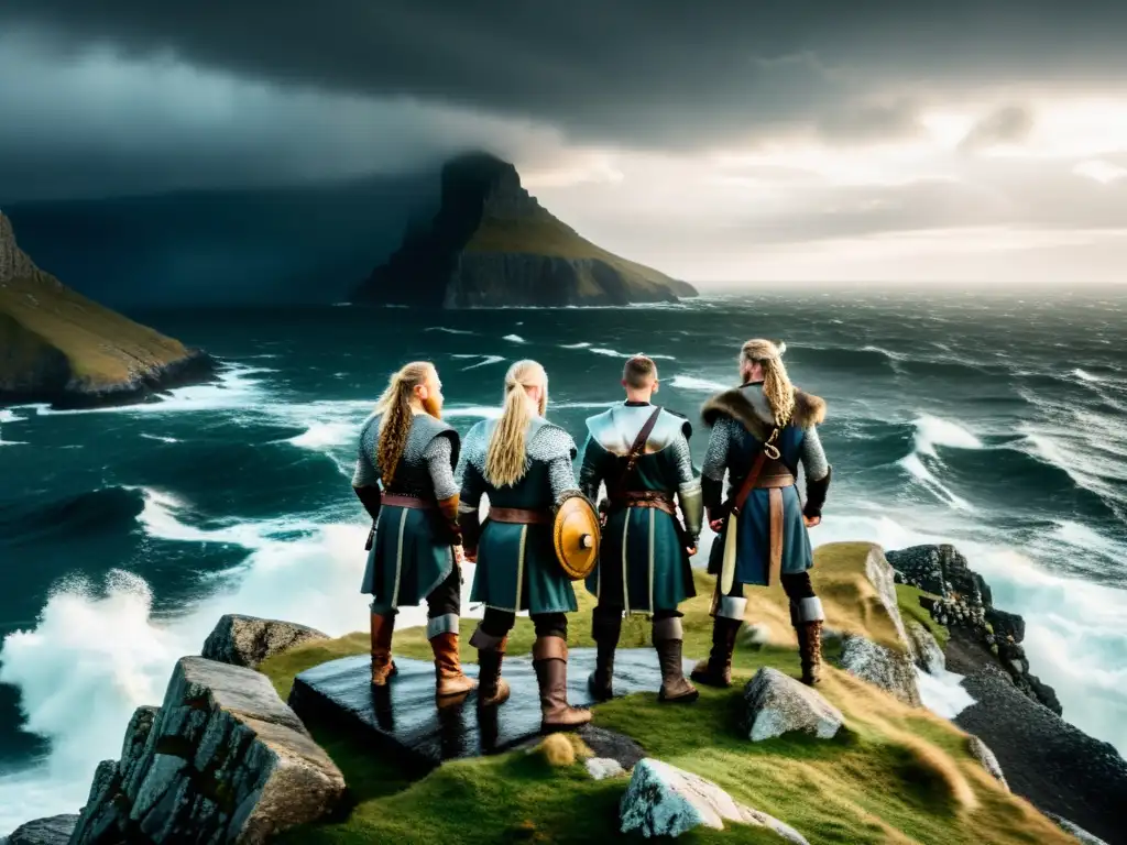 Un grupo de guerreros vikingos en armadura tradicional, mirando al mar en una dramática escena de bandas sonoras épicas vikingas