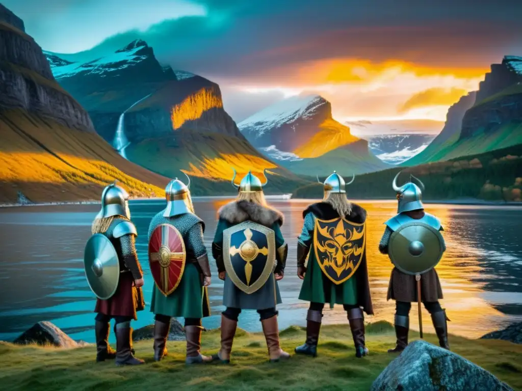 Un grupo de guerreros vikingos en armaduras, paisaje nórdico y auroras boreales