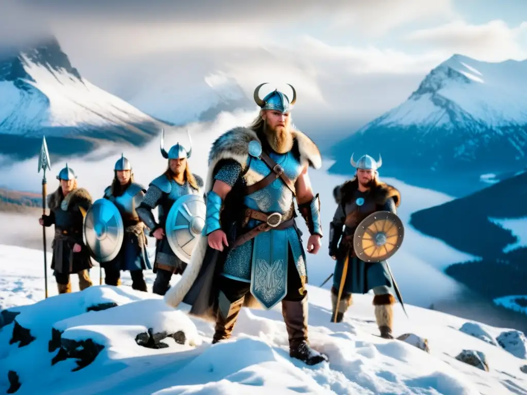 Un grupo de guerreros vikingos en armaduras detalladas, junto a una criatura mítica, en una montaña nevada