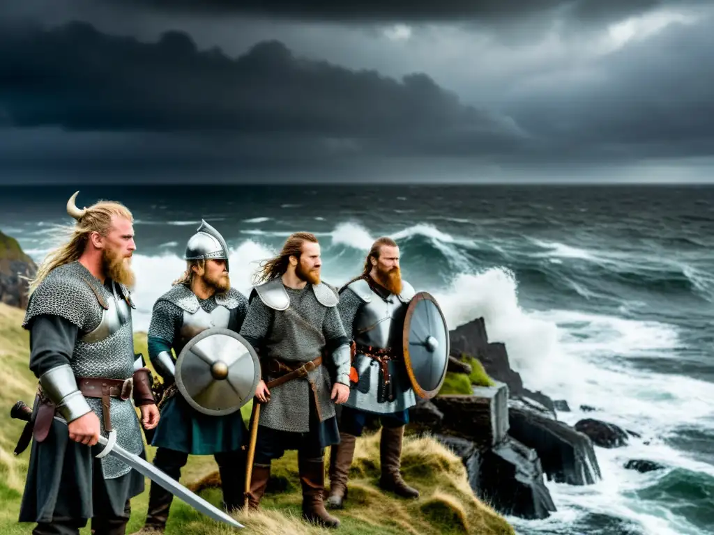 Un grupo de guerreros vikingos, con armaduras de malla y hachas de guerra, se preparan en un acantilado ventoso frente a un mar tempestuoso