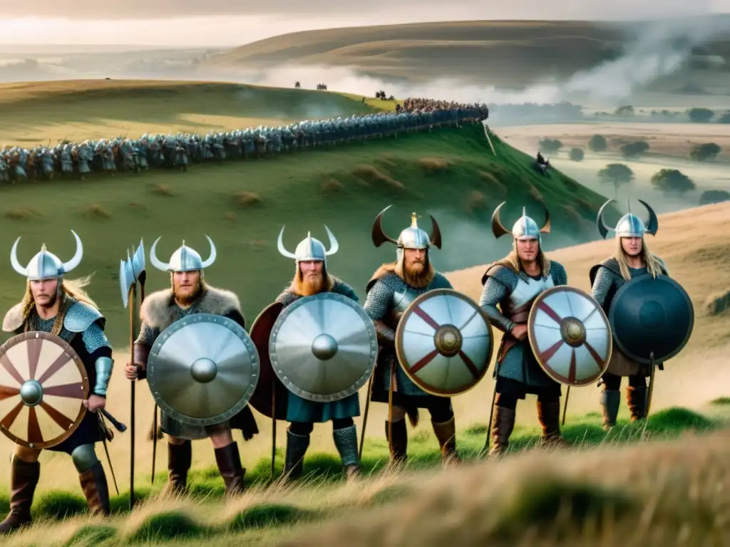 Vikingos en la cima, listos para la batalla Un grupo de guerreros vikingos prepara sus armas para una batalla épica en un campo de batalla