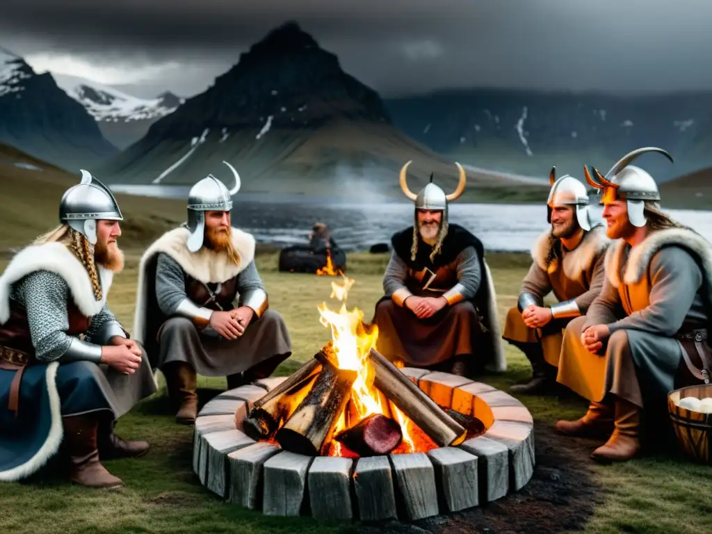 Un grupo de guerreros vikingos preparando asados alrededor de una fogata en un festín vikingo, en un paisaje nórdico