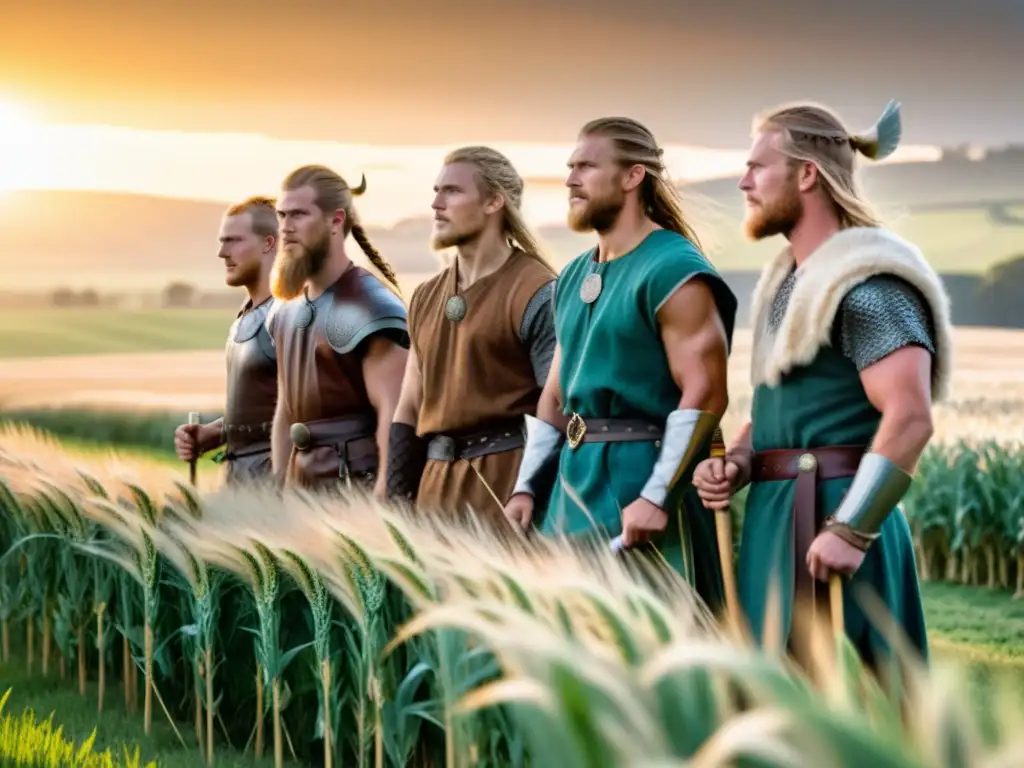 Un grupo de guerreros vikingos cosechando avena al atardecer