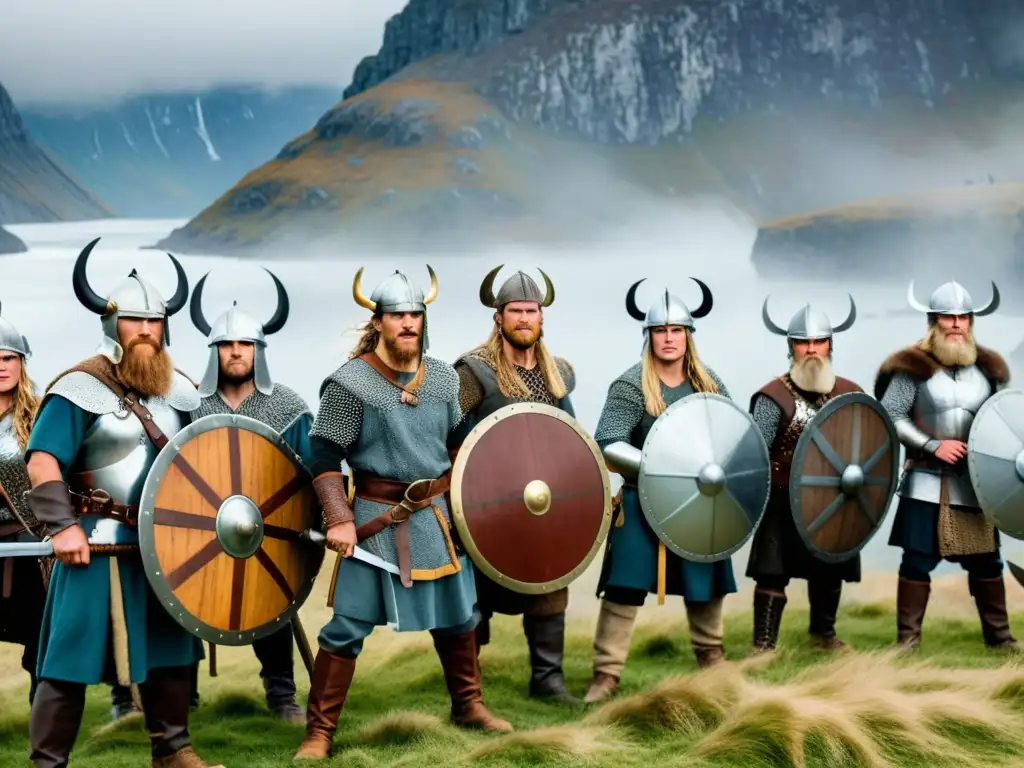 Grupo de guerreros vikingos en batalla estratégica en paisaje nórdico