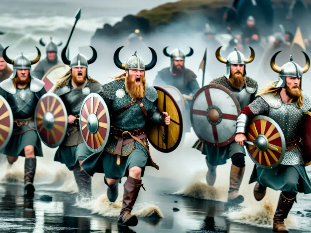 Grupo de guerreros vikingos en formación de batalla, con escudos y espadas, cargando ferozmente