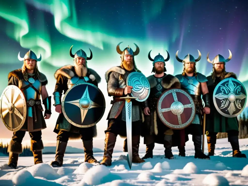 Un grupo de guerreros vikingos en un bosque nevado bajo la aurora boreal