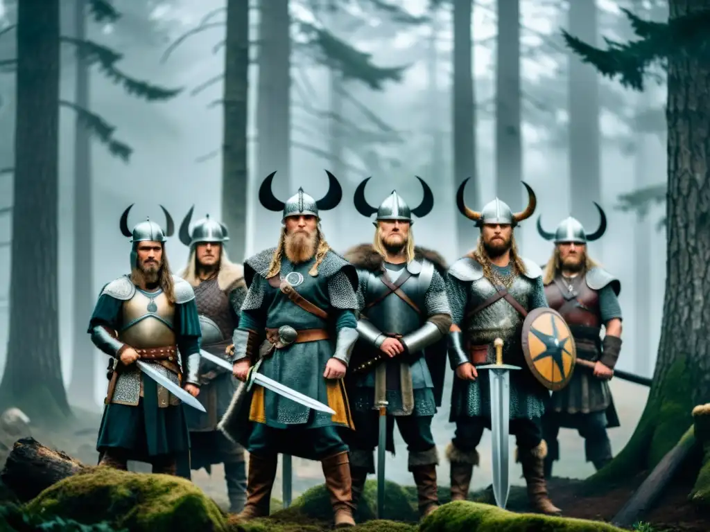 Un grupo de guerreros vikingos en un bosque brumoso, listos para rituales de espada vikingos