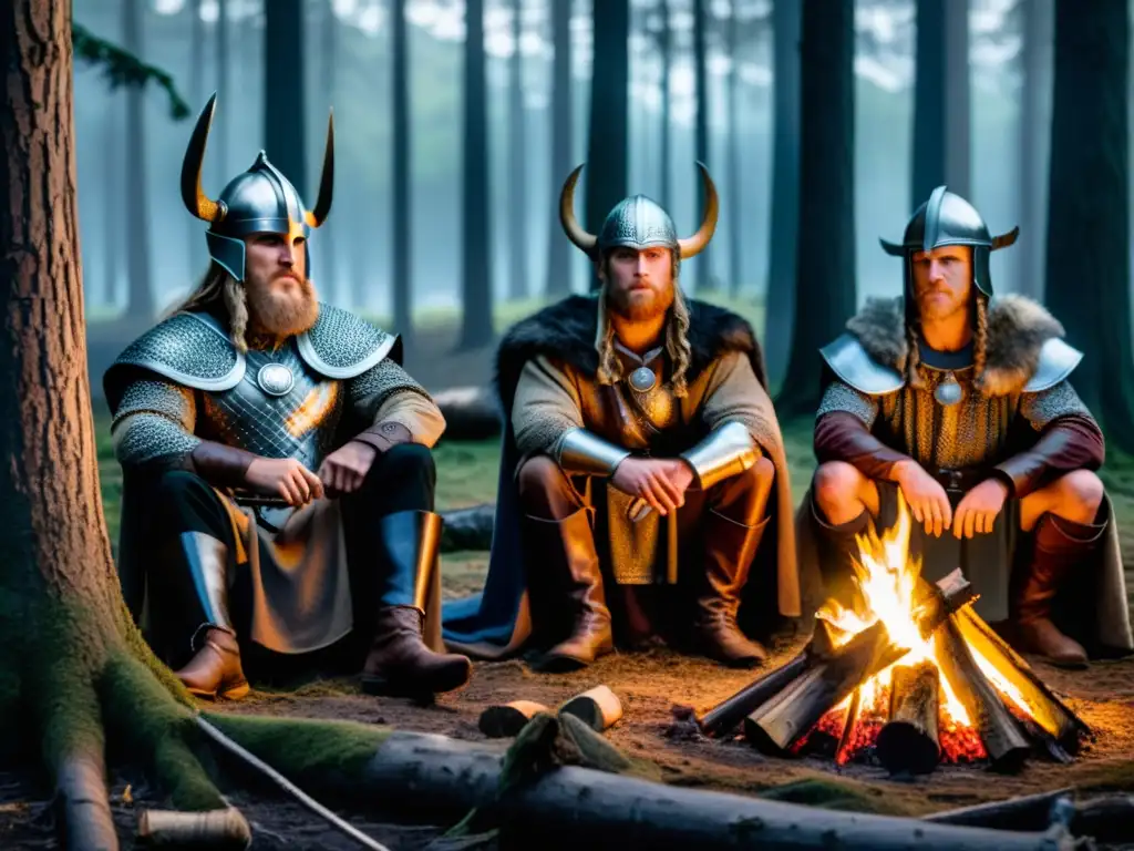 Un grupo de guerreros vikingos en un campamento oscuro, listos para la batalla