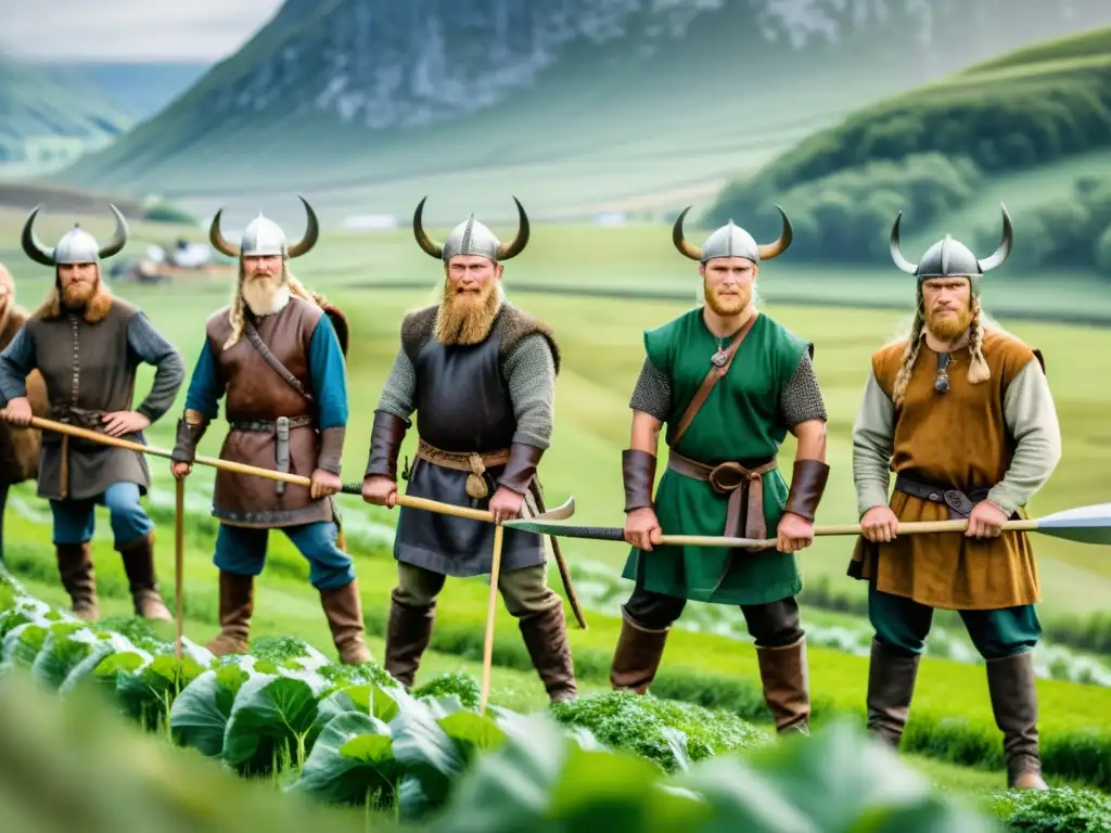 Grupo de guerreros vikingos en campos verdes con herramientas agrícolas antiguas